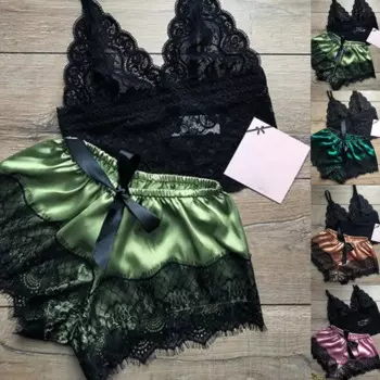 2Pcs Sexy Women See-through Lace Tube Top Bra Satin Short Pants Pajamas Set Christmas gift секс пижама женская