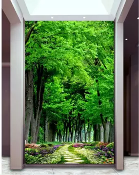 3d обои для комнаты, зеленый лес, фон, каменная дорога, сад, вход, фото, 3d обои