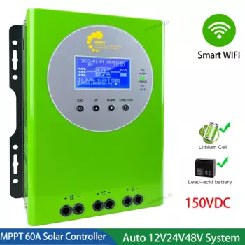 40A 60A 150VDC MPPT Контроллер заряда системы солнечной панели 12 24 В 48 В Регулятор разряда фотоэлектрической зарядки с HD-дисплеем WIFI монитор