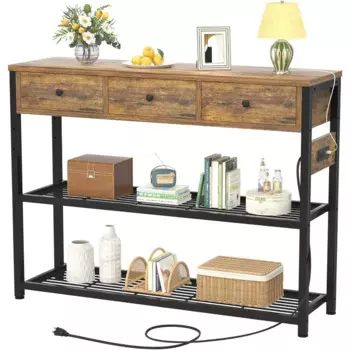 47-дюймовый стол с выходами и USB-портами, консольный стол с 3 ящиками, Диванный стол, узкий длинный с полками для хранения