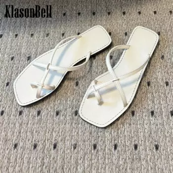 5,10 KlasonBell модные сексуальные шлепанцы с перекрестными ремешками женские тапочки с квадратным носком из натуральной кожи уличные сандалии на плоской подошве