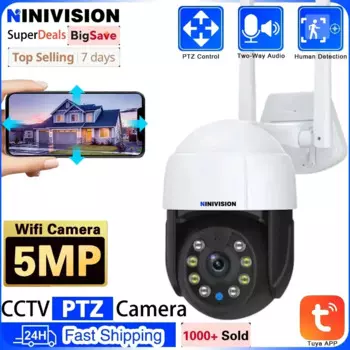 5-мегапиксельная PTZ Wi-Fi HD-объектив IP-камера с искусственным интеллектом, наружная камера наблюдения, беспроводная камера видеонаблюдения, приложение Tuya Smart Life