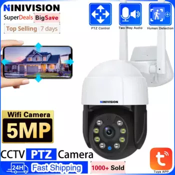 5-мегапиксельная PTZ Wi-Fi HD-объектив IP-камера с искусственным интеллектом, наружная камера наблюдения, беспроводная камера видеонаблюдения, приложение Tuya Smart Life