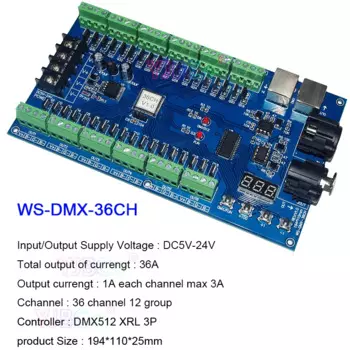 5В 12В 24В 36В DMX512 декодер 18CH/24CH/27CH/36CH/40CH DMX RGB RGBW светодиодный контроллер для светодиодной ленты, лампы, модуля
