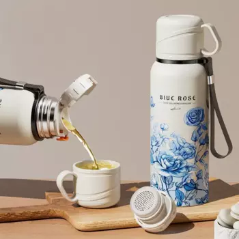 620ml Flower Pattern Thermos Bottle with Filter Stainless Steel Travel Mug Double Wall Large-capacity Thermal Cup Travel