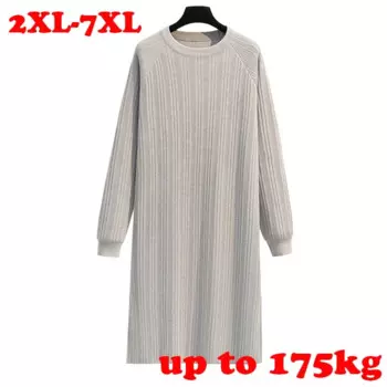 65-175 кг, женская одежда больших размеров, 5xl, 6xl, 7xl, длинное женское платье-свитер, однотонное прямое повседневное женское платье с круглым вырезом