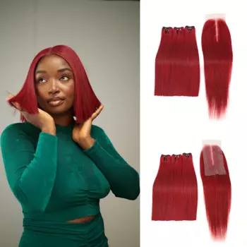 8-20Inch Straight Human Hair Bundles 99j Burgundy Red Raw Human Hair Extension Bone Straight Weave Bundles with 2x6 Lace Closure