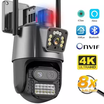 9-мегапиксельная трехобъективная Wi-Fi PTZ-камера 4K HD 8-кратный гибридный зум с двумя экранами, автоматическое отслеживание, полицейская световая сигнализация, видеонаблюдение iCSee