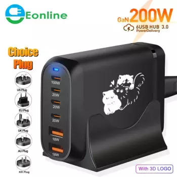 Адаптер питания сетевой Eonline 2D 2USB + 4PD, 200 Вт, 65 Вт