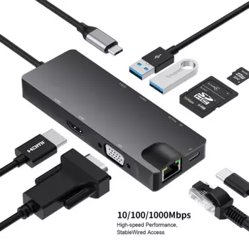 Адаптер Type-C на HDTV 8 в 1 для MacBook M1 Pro 2021, порт type-C на VGA + LAN + SD-карту + USB3.0 + HDTV HUB для 2022 MacBook M2