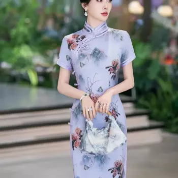 Ai Qi вышивка модное улучшение имитация шелка двухслойное платье Cheongsam с короткими рукавами юбка