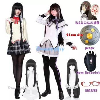 Akemi Homura Косплей Костюм Аниме Волшебная Девушка Puella Magi Madoka Magica Школьная Боевая Униформа Парик Носки для Mahou Shoujo