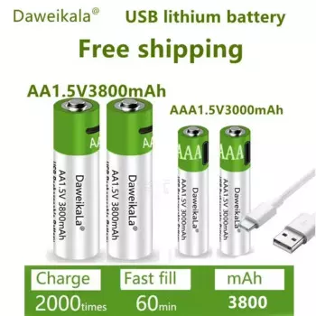 Аккумулятор большой емкости AA + AAA, быстрая перезаряжаемая литий-ионная батарея USB 3800-3000 мАч, функция AA1.5V пульт дистанционного управления мышью и тревогой