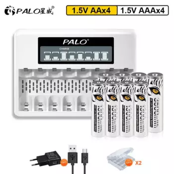 Аккумуляторные литий-ионные батарейки PALO 1,5 в AA AAA, литий-ионные батарейки AAA с 8 слотами, USB-зарядное устройство с ЖК-дисплеем для батарей 1,5 в AA AAA