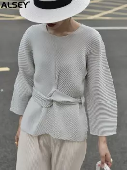 ALSEY Miyake женская рубашка с круглым воротником и поясом на талии, плиссированная в современном стиле, офисная женская свободная однотонная рубашка с длинными рукавами, женская куртка