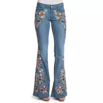 Американские цветные брюки-клеш в стиле ретро с цветочным принтом, женские модные узкие джинсы с низкой талией, повседневные осенние длинные брюки