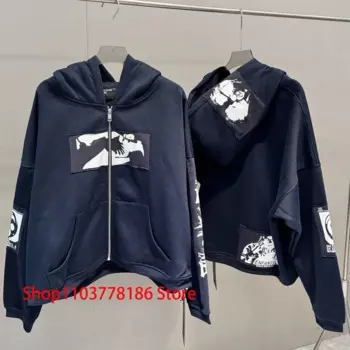 Американский ENFANTS RICHES DPRIMS Толстовка с капюшоном High Street Fashion Patch Crack Print Кардиган на молнии Свободная пара Толстовка с капюшоном ERD