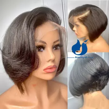 Аметистовый натуральный черный слой вырезанный короткий парик Боб на шнуровке парик из человеческих волос 13x6 на шнуровке спереди парик для женщин предварительно выщипанный бразильский