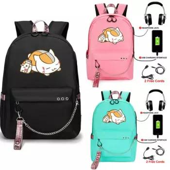 Аниме Natsume Yuujinchou Cat Teacher USB-порт Рюкзак Школьные сумки Дорожная книга Сумки для мальчиков и девочек Ноутбук Наушники USB-порт