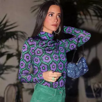 Ardm Fashion Half High Collar Floral Print Knitted Bodycon блузка женская 2022 Long Sleeve Vintage Slim Blouse Women Sweet Tops