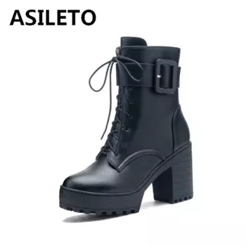 ASILETO, новые мотоциклетные ботильоны, пряжки с круглым носком, 9 см, блочный каблук на шнуровке, белый, черный, большой размер 42 43 US12, мода