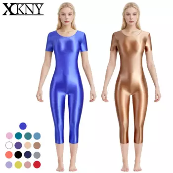 Атласный Блестящий боди XCKNY из искусственного шелка с короткими рукавами, семи точечных брюк, боди, гладкий костюм для йоги и фитнеса, купальный костюм