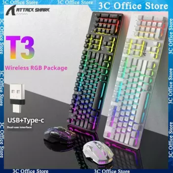 Attack Shark T3 Rgb Беспроводная клавиатура и мышь Комплект Металлическая панель Подсветка Клавиатура Эргономичный дизайн Беспроводная мышь и клавиатура