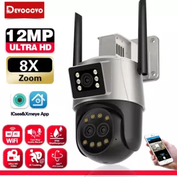 Автоматическое отслеживание, 12 МП, Wi-Fi, PTZ, IP-камера безопасности, уличная камера с тремя объективами, 8-кратным зумом, беспроводная камера видеонаблюдения, цветная камера ночного видения