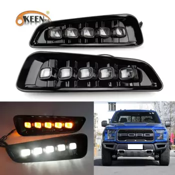 Автомобильные светодиодные дневные ходовые огни OKEEN 2 шт. для Ford F150 Raptor 2016 2017 2018 2019 светодиодный ные ходовые огни, сигнал поворота, янтарная противотуманная фара