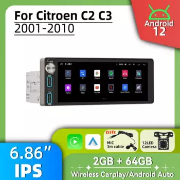 Автомобильный радиоприемник 1 Din, авторадио, Android, мультимедиа для Citroen C2 C3 2001-2010, 6,86 дюйма, стерео головное устройство, Carplay, GPS-навигация