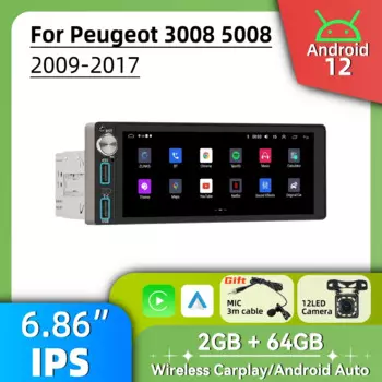 Автомобильный радиоприемник 1Din, авторадио, Android, мультимедиа для Peugeot 3008 5008 2009-2017, 6,86 дюйма, стерео головное устройство, Carplay, GPS-навигация