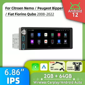 Автомобильный радиоприемник 1Din, авторадио, Android, мультимедиа для Citroen Nemo Peugeot Bipper Fiat Fiorino Qubo 2008-2022, 6,86 дюйма, стерео Carplay GPS