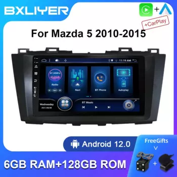 Автомобильный радиоприемник 6 + 128 ГБ IPS экран для Mazda 5 2010 2011 2012 2013 2014 2015 Android 12 Беспроводной Carplay Автомобильный мультимедийный аудио