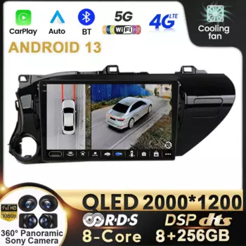 Автомобильный радиоприемник Android13, автомобильный мультимедийный плеер для Toyota Hilux Pick Up AN120 2015-2020, 2DIN, стерео, Carplay навигатор с GPS, DVD QLED WIFI 4G
