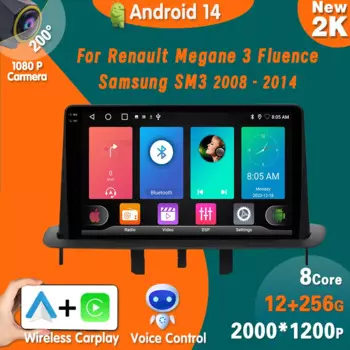 Автомобильный радиоприемник Android14 для Renault Megane 3 Fluence Samsung SM3 2008 - 2014 Carplay мультимедийный видеоплеер GPS навигация 4G WIFI