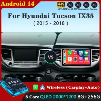 Автомобильный радиоприемник Carplay для Hyundai Tucson IX35 3 2015 2016 2017 2018 Android 14 Мультимедийный видеоплеер Навигация GPS Головное устройство