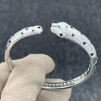 AYJEWELRY Женский Серебряный Браслет-манжета с черными пятнами и леопардом, изумрудно-зеленый Высокоуглеродистый бриллиантовый камень, ювелирные изделия Пантеры