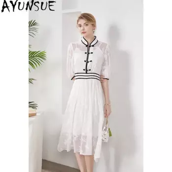 AYUNSUE 100% шелк тутового шелкопряда белые платья женские элегантные женские платья Летняя одежда Длинные Платья Vestidos De Mujer 2024
