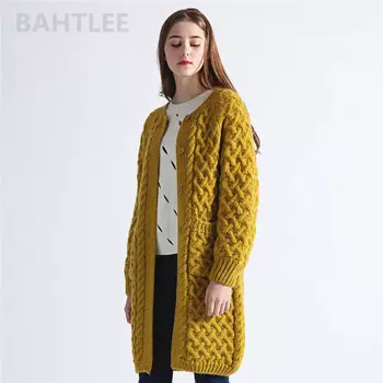 BAHTLEE-Женский Теплый мохеровый кардиган с длинным рукавом, вязаный шерстяной жаккардовый свитер, джемпер с круглым вырезом, карманом, горчично-желтый,