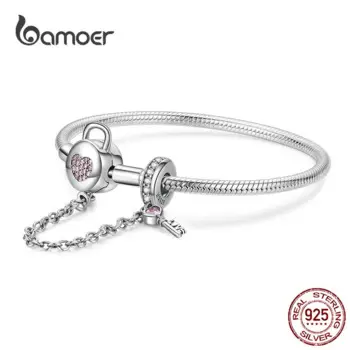 Bamoer 925 пробы Серебряная цепочка браслет циркон розовое сердце замок и ключ Безопасность, браслеты с брелоками для Для женщин подарок SCB143