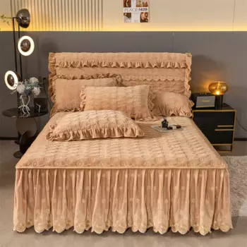 Бархатное покрывало AI WINSURE-Embroidery, мягкое покрывало, юбка для большой двуспальной кровати с 2 наволочками, домашнее постельное белье, размер королевы, зима