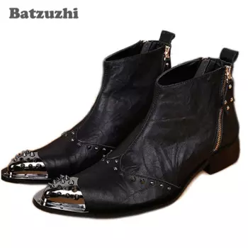 Batzuzhi; В западном стиле; Цвета: черный; Мужские кожаные ботинки модная дизайнерская обувь с металлическим носком и с заклепками; Короткие ботильоны для мужчин, EU38-46!