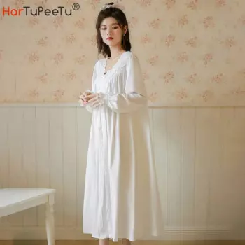 Белая ночная рубашка, Хлопковая пижама для леди, весна-осень 2022, ночная рубашка с длинным рукавом, свободная, для женщин, для принцессы, удобная домашняя одежда