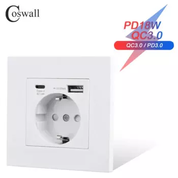 Белая пластиковая панель COSWALL для ЕС/Испании/России, настенная розетка с заземлением и двойным USB-портом типа A и C 18 Вт, 5 в постоянного тока, 3 А, быстрое зарядное устройство