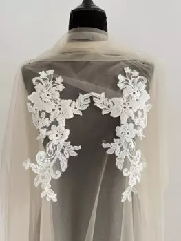 Белая роскошная кружевная аппликация с бусинами и цветами для свадебного платья, аксессуары с Черными Блестками бисерные Кружева с аппликацией одна пара