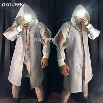 Белый Рождественский костюм, новый пикантный клубный костюм, серебристый, белый, ультраблестящий длинный пиджак для вечерние НКИ, шоу, сцены, танцев