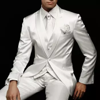Белый свадебный мужской костюм Смокинги для жениха Slim Fit для выпускного вечера на заказ Атласные мужские костюмы 3-х предметная куртка Брюки Жилет Мужской пиджак