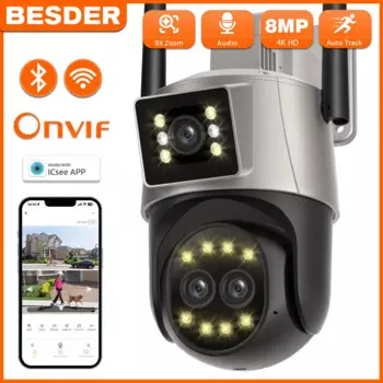 BESDER 8MP PTZ Wifi камера с двойным объективом 3,6 мм + 6 мм объектив с двойным экраном беспроводная наружная камера видеонаблюдения CCTV 4K IP камера для приложения iCSee