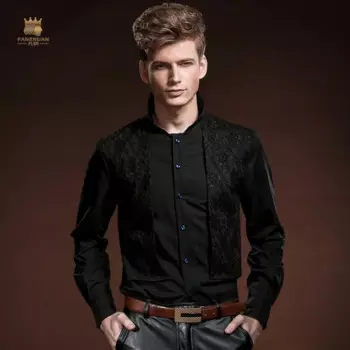 Бесплатная доставка, новая модная повседневная черная Мужская рубашка Fanzhuan для двора, Весенняя кружевная рубашка, Мужская черная рубашка, распродажа 14204