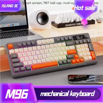БЕСПЛАТНАЯ Беспроводная Bluetooth клавиатура Wolf M96 с двойным режимом, механическая клавиатура, Шариковая крышка PBT с ручкой дисплея, Игровая клавиатура